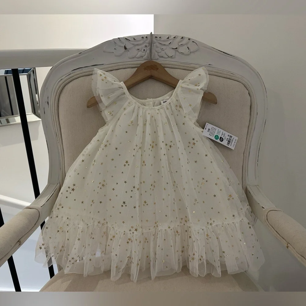 🦢 12 Mth Oshkosh Ivory Tulle Fancy Dress with Gold Star Details NWT - Picture 14 of 14